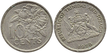 Тринидад и Тобаго 10 центов 1978 цветок гибискуса KM 31 медно-никель 4396-863