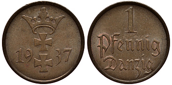 Данциг 1 пфенниг 1937 J. D 2, KM 140 бронза 4127-612