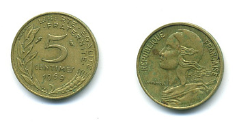 ФРАНЦИЯ 5 САНТИМОВ 1969 ТИП MARIANNE KM 933 медь алюминий никель 84-1531