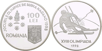 Румыния 100 леев 1998 XVIII зимние Олимпийские игры в Нагано 1998 года, слалом KM 142 серебро PROOF 00-00