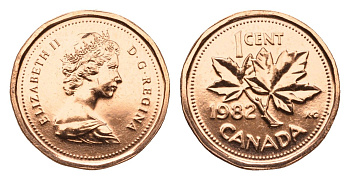 Канада 1 цент 1982 Елизавета II (1952-2022), кленовый лист KM 132 бронза UNC 75-1628