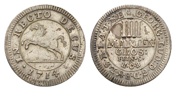 Брауншвейг-Каленберг-Ганновер 4 мариенгроша 1714 HCB, Георг I (1698-1727), из коллекции Ричарда Б. Смита Welter 2197, KM 33 серебро 1525-642