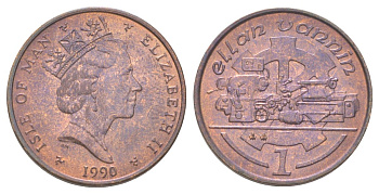 Остров Мэн 1 пенни 1990 АА, токарный станок, Елизавета II (1952) KM 207 бронза UNC 4625-369