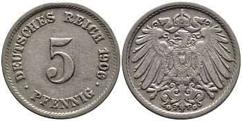 ГЕРМАНИЯ 5 ПФЕННИГОВ 1906 G KM 11, Jager 12, Weege 6 медно-никель 4547-454