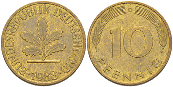 ФРГ 10 ПФЕННИГОВ 1988 D KM 108, J. 383 сталь плакированная латунью 4182-945