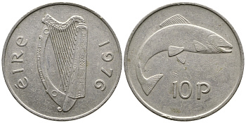 ИРЛАНДИЯ 10 ПЕНСОВ 1976 ЛОСОСЬ KM 23 медно-никель 4110-443