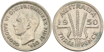 Австралия 3 пенса 1950 KG, Георг VI (1937-1952) KM 44 серебро 4585-267