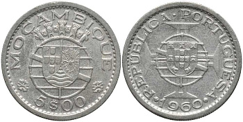 Португальский Мозамбик 5 эскудо 1960 КМ 84 серебро 202-453