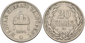 Венгрия 20 филлеров 1894 KB, Франц Иосиф I (1848-1916) KM 483 никель 4151-949