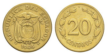 Эквадор 20 сентаво 1944 KM 77.1a латунь 4640-1221