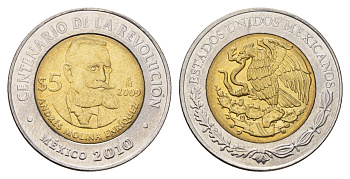 Мексика 5 песо 2009 Столетие революции - Андрес Молина Энрикес KM 911 биметалл UNC 216-1241