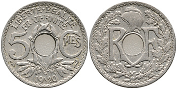 ФРАНЦИЯ 5 САНТИМОВ 1920 KM 865 медно-никель UNC 4388-837