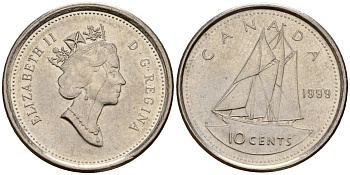 Канада 10 центов 1999 Елизавета II (1953-), парусник KM 183 никель 4189-922