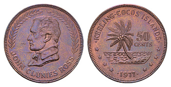 Кокосовые острова, Килинг, Австралия 50 центов 1977 Портрет Джона Клуниса Росса X 4 бронза UNC 4127-1941