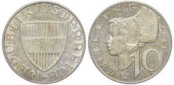 Австрия 10 шиллингов 1958 KM 2882 серебро 4178-1144
