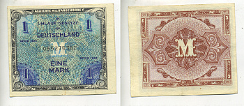 Германия, оккупация союзниками 1 марка 1944 9 цифр, без кода, выпуск СССР Pick 192 b бумага 7222-4-1-1