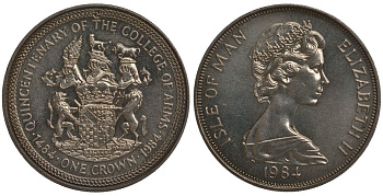 Остров Мэн 1 крона 1984 500 лет колледжу оружейников, геральдическая палата KM 124 медно-никель UNC 00-00