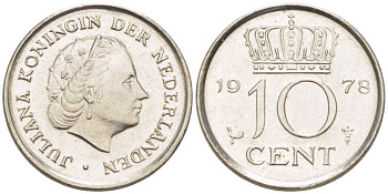 Нидерланды 10 центов 1978 Юлиана (1948-1980) КМ 182 никель 211-1242