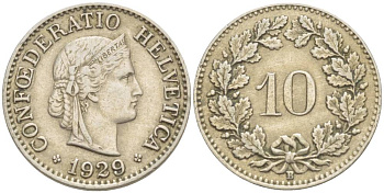 Швейцария 10 раппенов 1929 B KM 27 медно-никель     216-1221