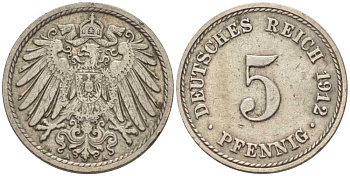 ГЕРМАНИЯ 5 ПФЕННИГОВ 1912 A KM 11, J. 12, Weege 6 медно-никель 211-559