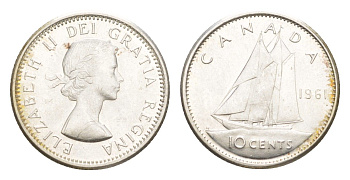 Канада 10 центов 1961 Елизавета II (1952-2022), парусник KM 51 серебро aUNC 4639-569
