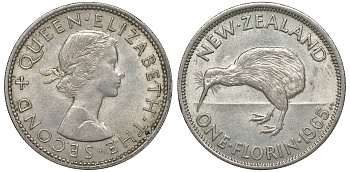 Новая Зеландия 1 флорин 1965 Елизавета II (1952-2022), птичка киви KM 28.2 медно-никель XF-UNC 51-732