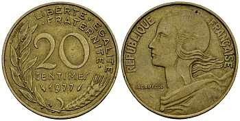 Франция 20 сантимов 1977 тип Marianne KM 930 медь алюминий никель 4135-615