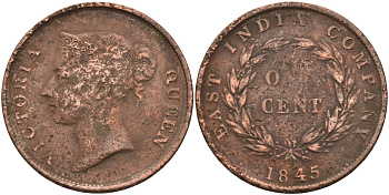 Стрейтс-Сетлментс 1 цент 1845 Виктория (1837-1901), Ост-Индская компания KM 3 медь 4590-136