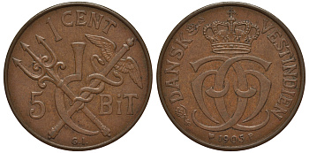 ДАТСКАЯ ВЕСТИНДИЯ 1 ЦЕНТ(5 БИТ) 1905 KM 75 бронза 02-205-22