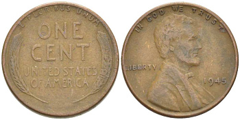 США 1 цент 1945 Линкольн KM А132 медь цинк 218-169