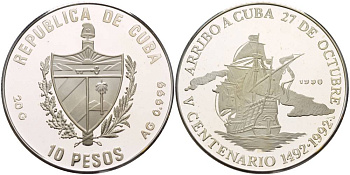 Куба 10 песо 1990 серия 500 лет открытия Америки (1492-1992), испанский парусник на фоне карты кубы. KM 252.1 серебро PROOF 06-244-44
