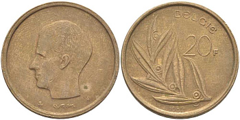 БЕЛЬГИЯ 20 ФРАНКОВ 1982 BELGIE, БОДУЭН I (1951-1993) KM 160 никель бронза 115-735
