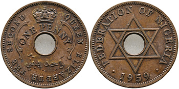 Нигерия 1 пенни 1959 Елизавета II (1952-), Британский протекторат KM 2 бронза 51-2254
