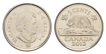 Канада 5 центов 2012 Leaf, Елизавета II (1952-2022), бобр KM 491 сталь плакированная никелем UNC 4630-768
