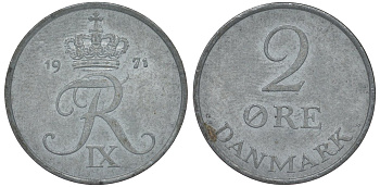 Дания 2 эре 1971 C; S, Фредерик IX (1947-1972) KM 840.2 цинк 4122-435