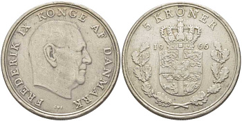 ДАНИЯ 5 КРОН 1966 C; S, ФРЕДЕРИК IX (1947-1972) KM 853.1 медно-никель 179-233