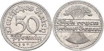 Германия 50 пфеннигов 1920 A KM 27, J.301, Weege 10 алюминий aUNC 4584-727