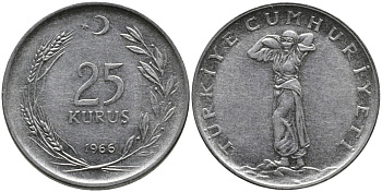 Турция 25 курушей 1966 KM 892.2 нержавеющая сталь 4541-554