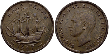 Великобритания 1/2 пенни 1947 Георг VI (1936-1952) KM 844, Spink 4115 бронза 62-337