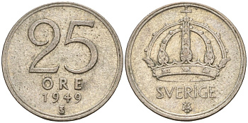Швеция 25 эре 1949 TS, Густав V (1907-1950) KM 816 серебро 4147-1015
