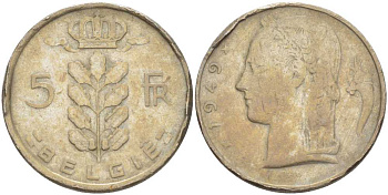 Бельгия 5 франков 1949 Belgie, Леопольд III (1934-1951) KM 135.1 медно-никель 4364-1012