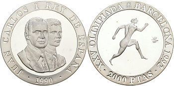 Испания 2000 песет 1990 XXV летние Олимпийские игры 1992 года в Барселоне, бег KM 864 серебро PROOF 1072-8-33