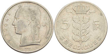 БЕЛЬГИЯ 5 ФРАНКОВ 1964 BELGIQUE, БОДУЭН I (1951-1993) KM 134.1 медно-никель 202-1237