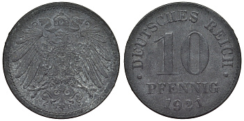 Германия 10 пфеннигов 1921 KM 26, J. 299, Weege 8 цинк 4119-411