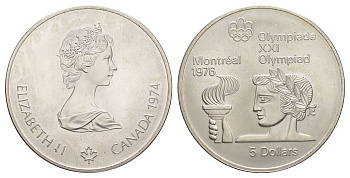 Канада 5 долларов 1974 XXI летние Олимпийские Игры, Монреаль 1976 - Атлет с факелом KM 90 серебро BU 413-4512