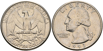 США 25 центов (квотер) 1993 P, Вашингтон KM А164а медь плакированная медно-никелем    4603-954