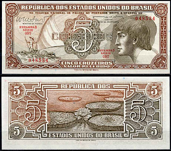 Бразилия 5 крузейро ND (1961-1962) серия 097, парсуник, индеец Pick 166 b бумага UNC (пресс) 2196-39-2-2