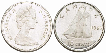Канада 10 центов 1965 Елизавета II (1952-2022), парусник KM 61 серебро 105-538
