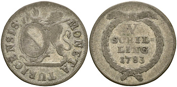 Цюрих, Швейцария 5 шиллингов 1783 KM 172 серебро 1517-1122