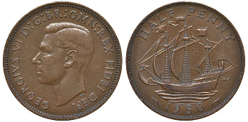 Великобритания 1/2 пенни 1950 Георг VI (1936-1952) KM 868, Spink 4118 бронза 4122-815